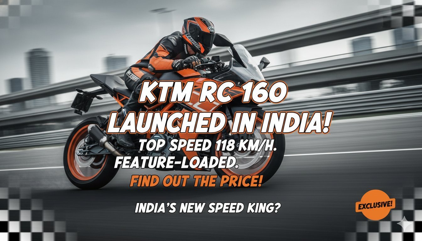 KTM RC 160 स्पोर्ट्स बाइक का फ्रंट व्यू, ऑरेंज कलर में एग्रेसिव फेयरिंग और LED हेडलैंप के साथ
