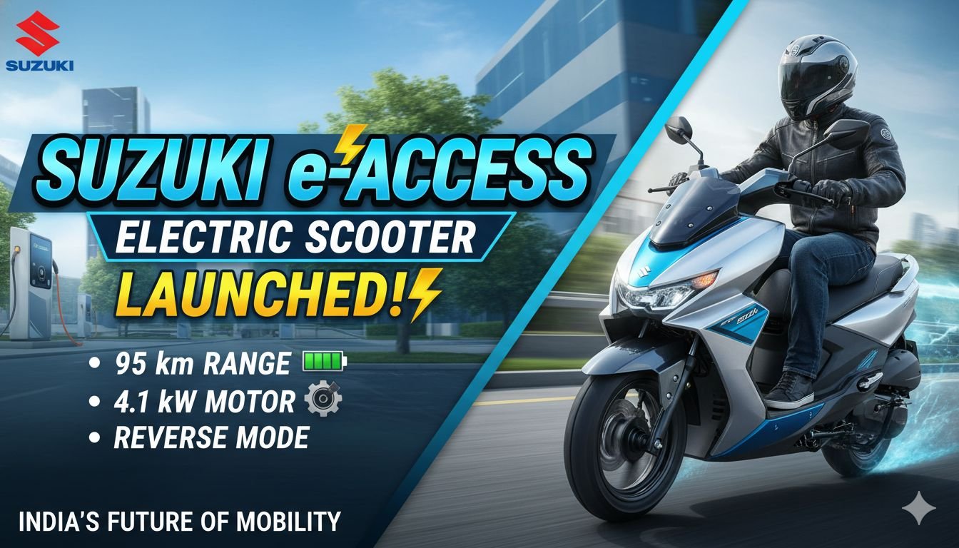 Suzuki e-Access इलेक्ट्रिक स्कूटर का फ्रंट व्यू, जिसमें LED हेडलैंप और डुअल-टोन कलर दिख रहा है।