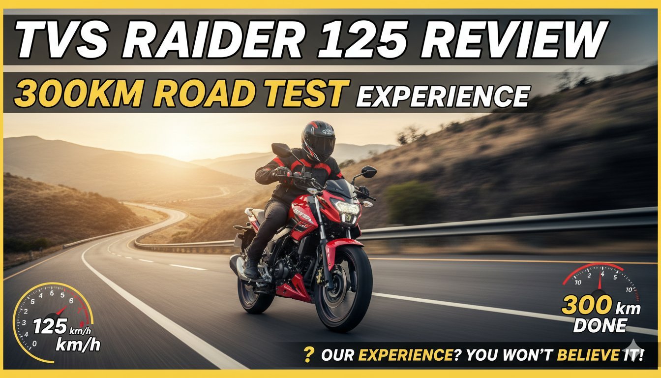लाल रंग की TVS Raider 125 बाइक हाइवे पर चलती हुई, LED हेडलैंप और स्पोर्टी डिजाइन के साथ