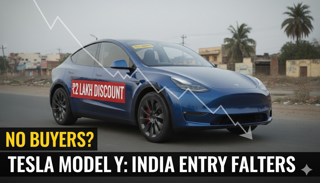 Tesla Model Y SUV ग्रे कलर में पार्क्ड, बैकग्राउंड में इंडियन रोड