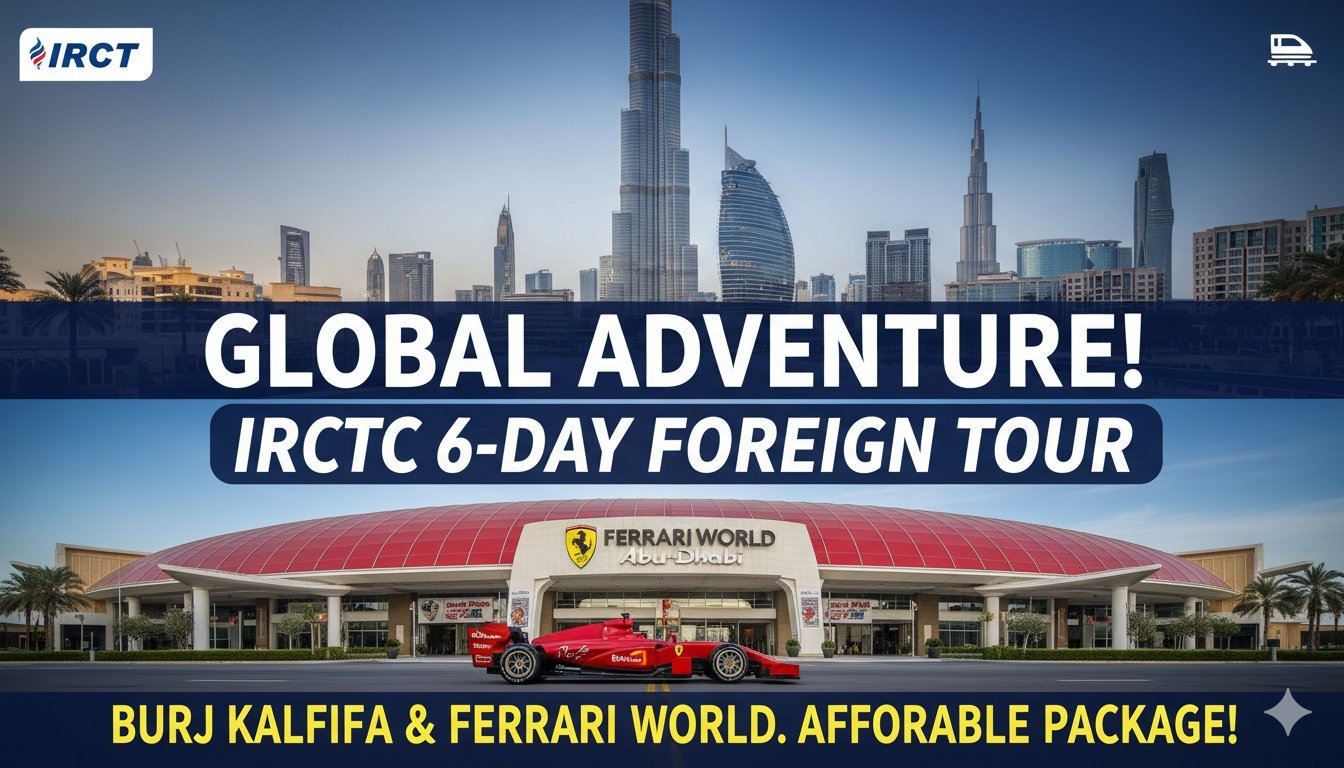 दुबई के बुर्ज खलीफा और अबू धाबी के फेरारी वर्ल्ड की इमेजेस के साथ आईआरसीटीसी टूर पैकेज का ग्राफिक