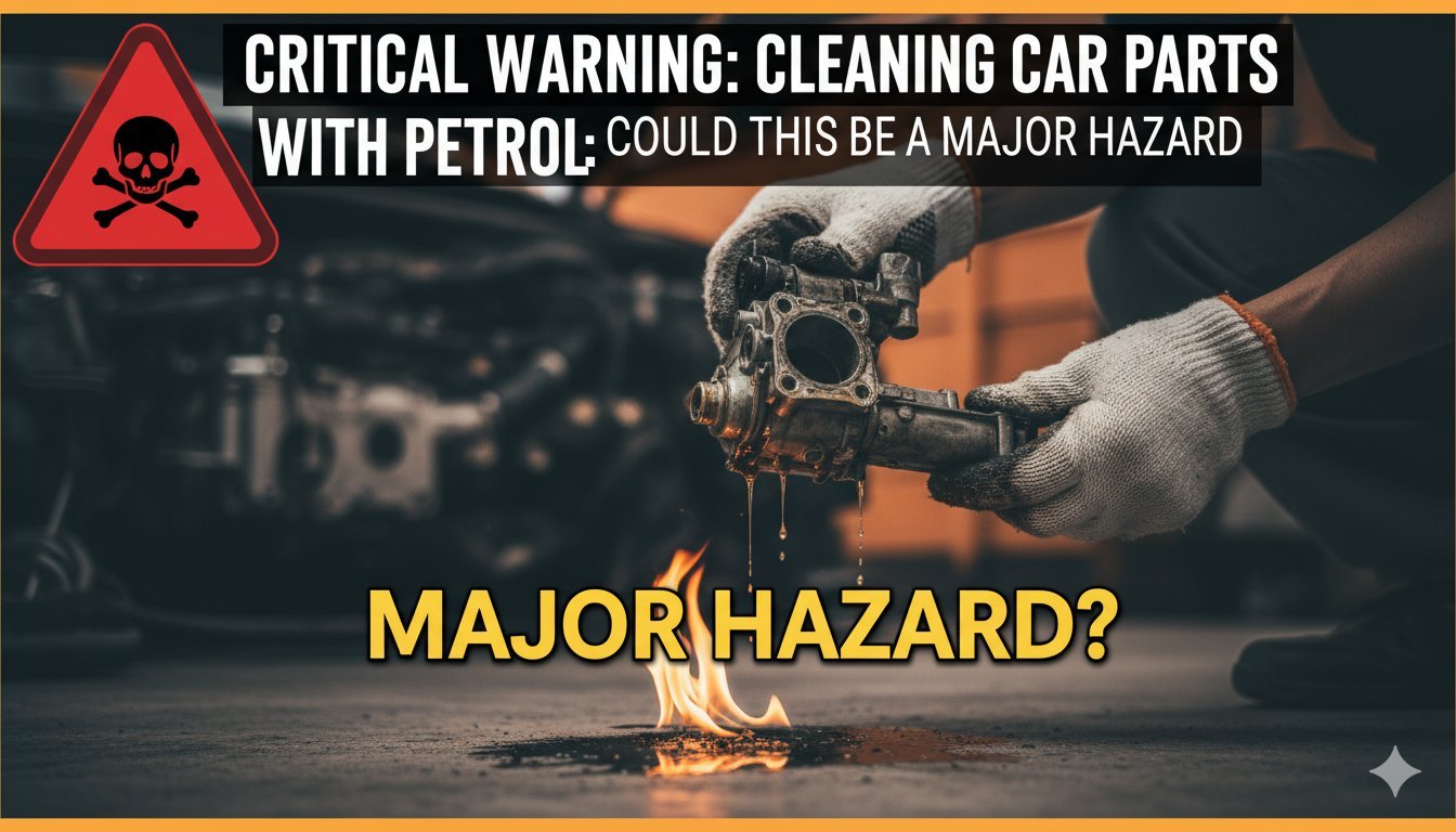 पेट्रोल से कार पार्ट्स साफ करने का जोखिम दर्शाती छवि