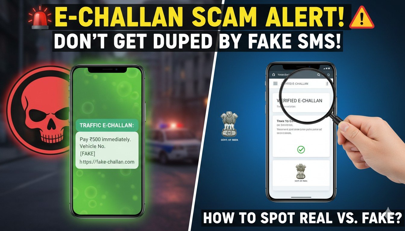 एक मोबाइल फोन पर फर्जी ई-चालान SMS का स्क्रीनशॉट, जिसमें संदिग्ध लिंक दिख रहा है।