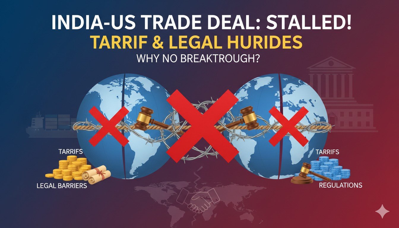 भारत और अमेरिका के झंडे के साथ व्यापारिक समझौते की चर्चा दर्शाती छवि