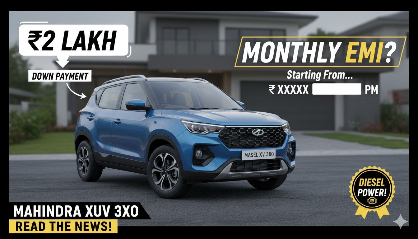 महिंद्रा XUV 3XO डीजल SUV फ्रंट व्यू, 2 लाख डाउन पेमेंट पर EMI जानकारी के साथ