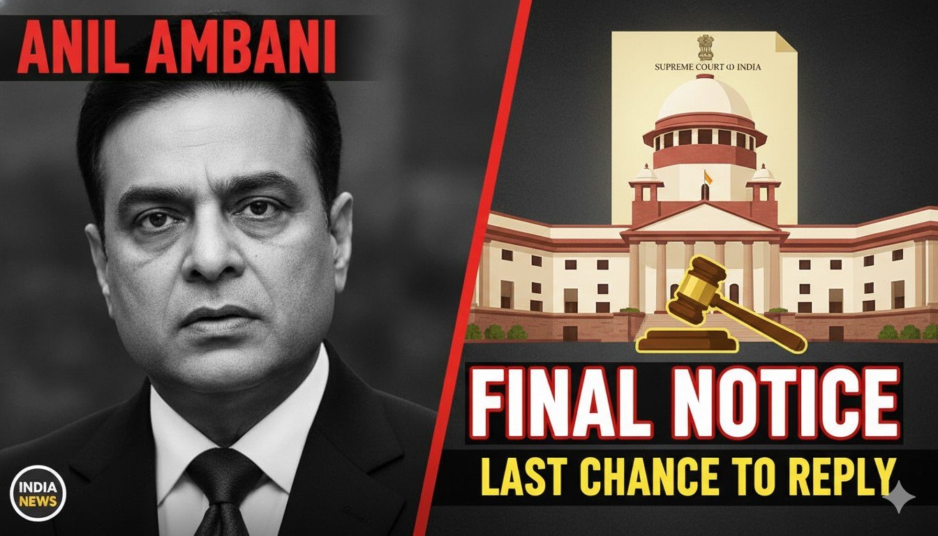 अनिल अंबानी और सुप्रीम कोर्ट भवन की संयुक्त छवि, जिसमें नोटिस जारी होने का प्रतीकात्मक दृश्य हो।