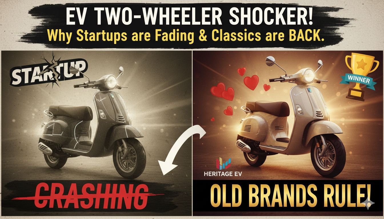 भारत में EV टू-व्हीलर मार्केट में TVS, Bajaj और Hero जैसे पुराने ब्रांड्स की मजबूत वापसी, Ola Electric की गिरावट दिखाते हुए ग्राफिक