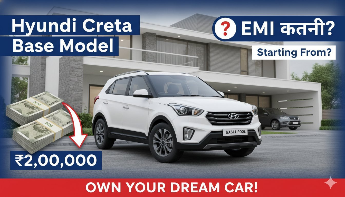 Hyundai Creta base variant E petrol model front view with price and EMI details overlay