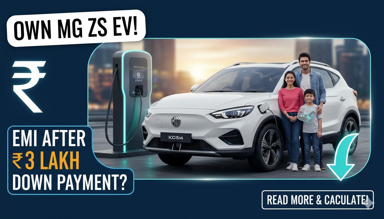 MG ZS EV बेस वेरिएंट Executive सफेद रंग में पार्क की हुई, 3 लाख डाउन पेमेंट और EMI डिटेल्स दिखाते ग्राफिक के साथ