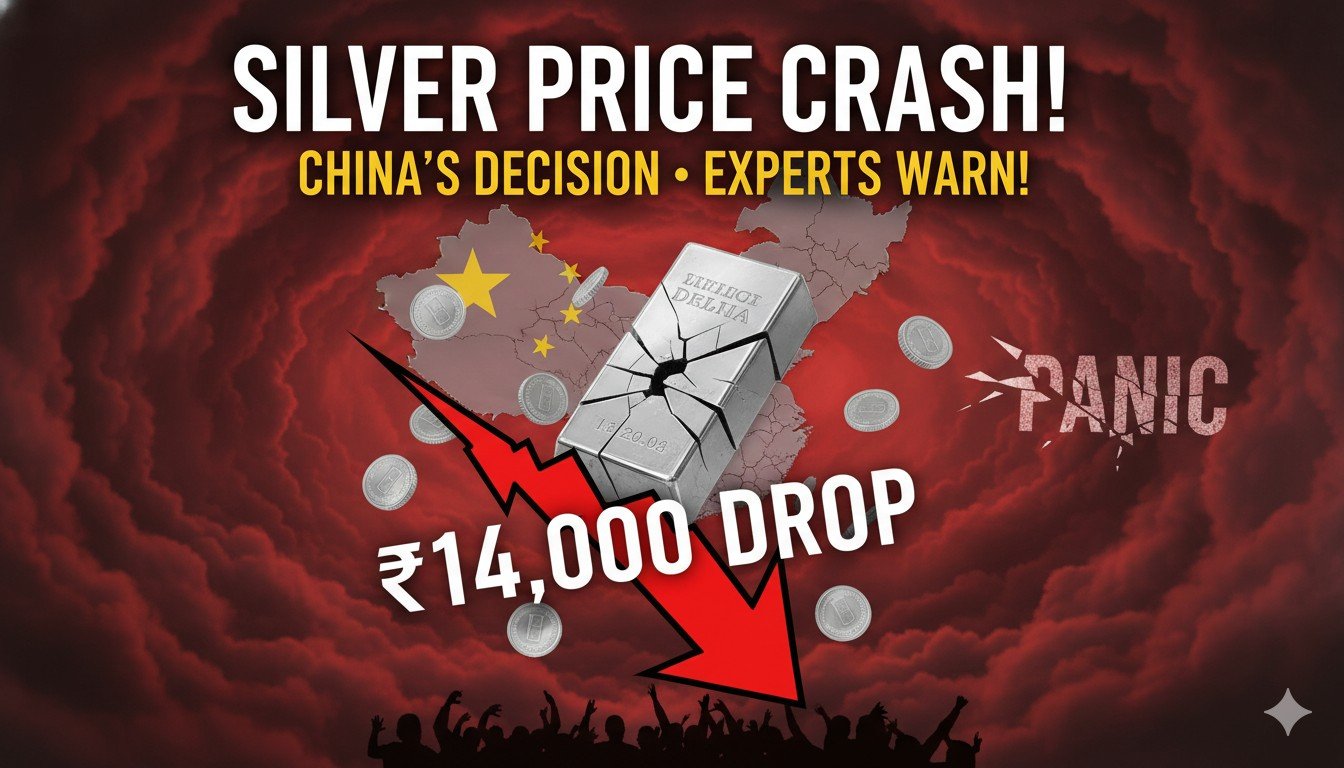 चांदी के सिक्के और बार के साथ गिरती हुई कीमत का ग्राफ दिखाता हुआ इमेज, जिसमें ₹14000 की गिरावट हाइलाइट है