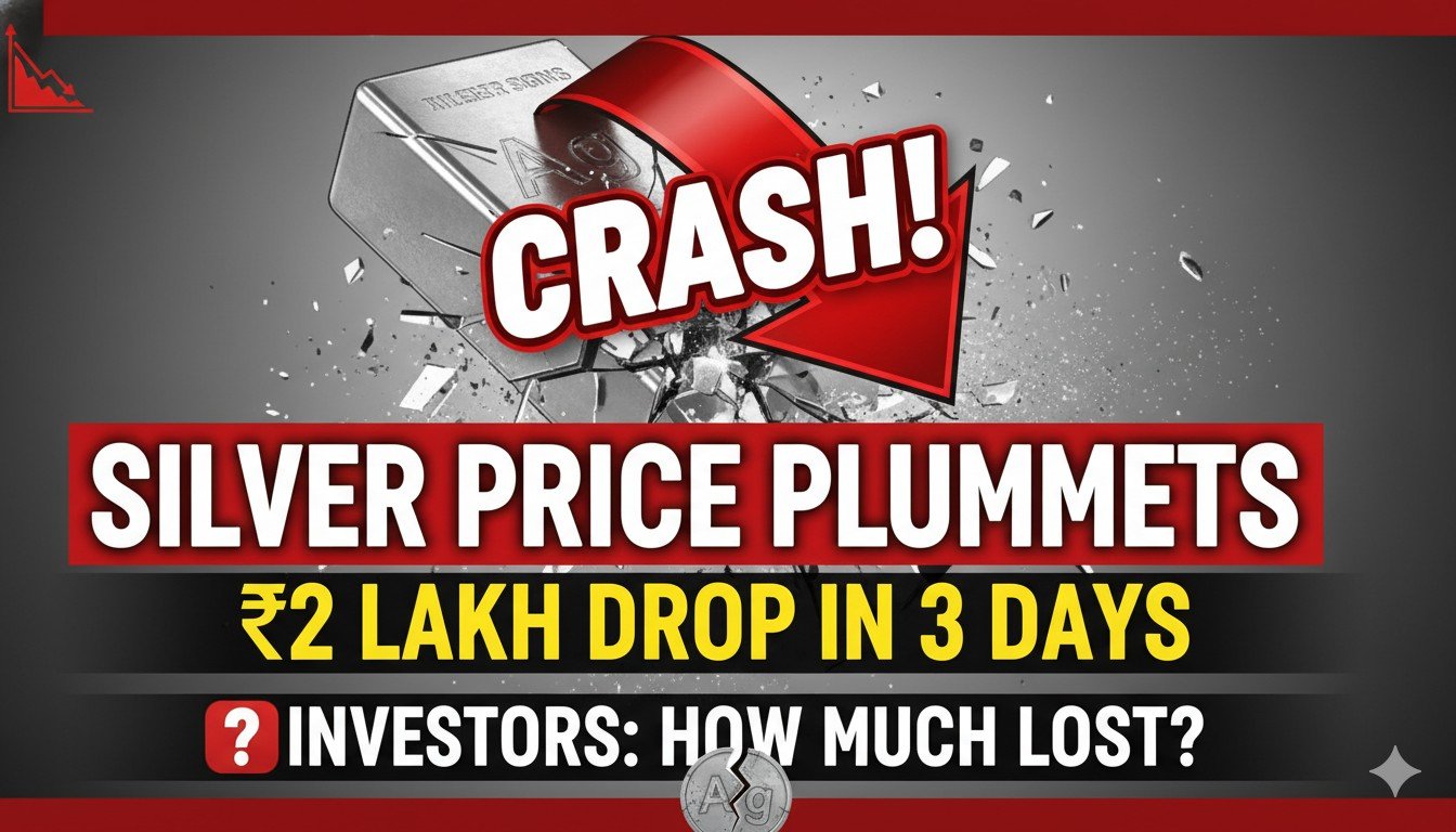 चांदी की कीमतों में गिरावट दिखाता ग्राफ, लाल तीर के साथ सिल्वर बार्स की इमेज।