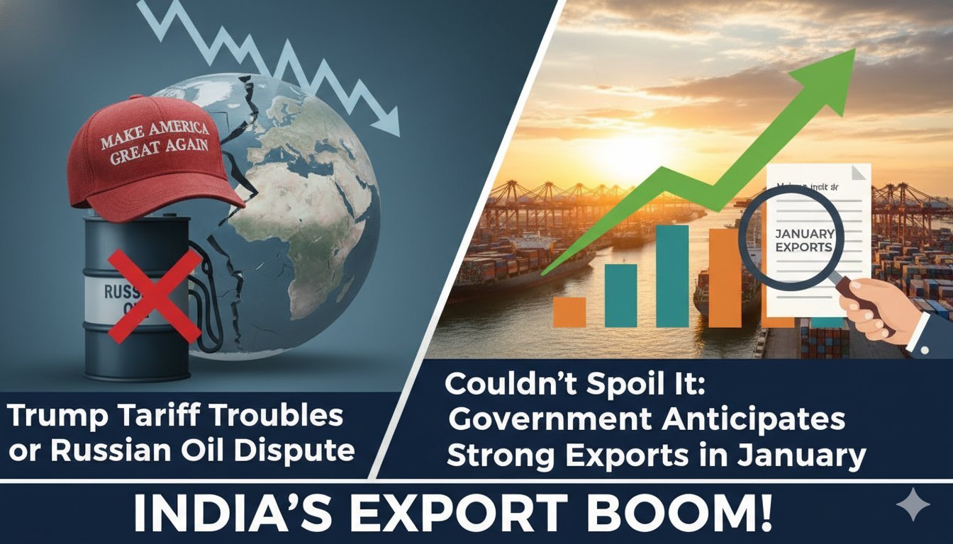 भारत का निर्यात ग्राफ दिखाता हुआ चार्ट जिसमें जनवरी में सकारात्मक वृद्धि का संकेत, ट्रंप टैरिफ और रूसी तेल बैकग्राउंड में