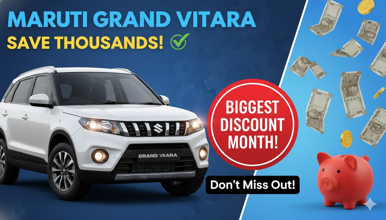 मारुति विटारा ब्रेजा एसयूवी की फ्रंट व्यू, फरवरी 2026 ऑफर के साथ हजारों रुपये की बचत दिखाते हुए