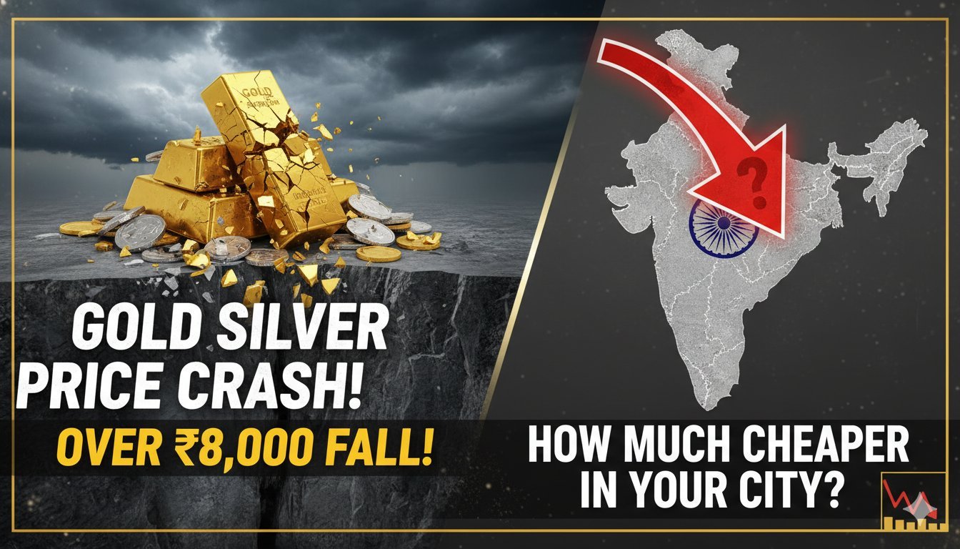सोने और चांदी की कीमतों में भारी गिरावट दिखाता ग्राफ, MCX पर चांदी ₹8000 सस्ती