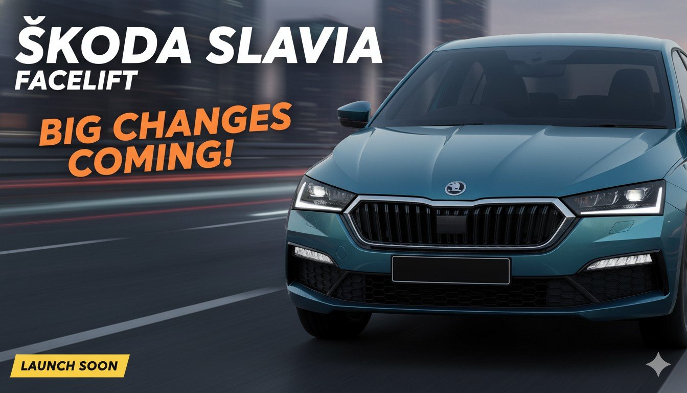 स्कोडा स्लाविया फेसलिफ्ट का फ्रंट व्यू जिसमें नई LED हेडलैंप्स और ग्रिल दिख रही है