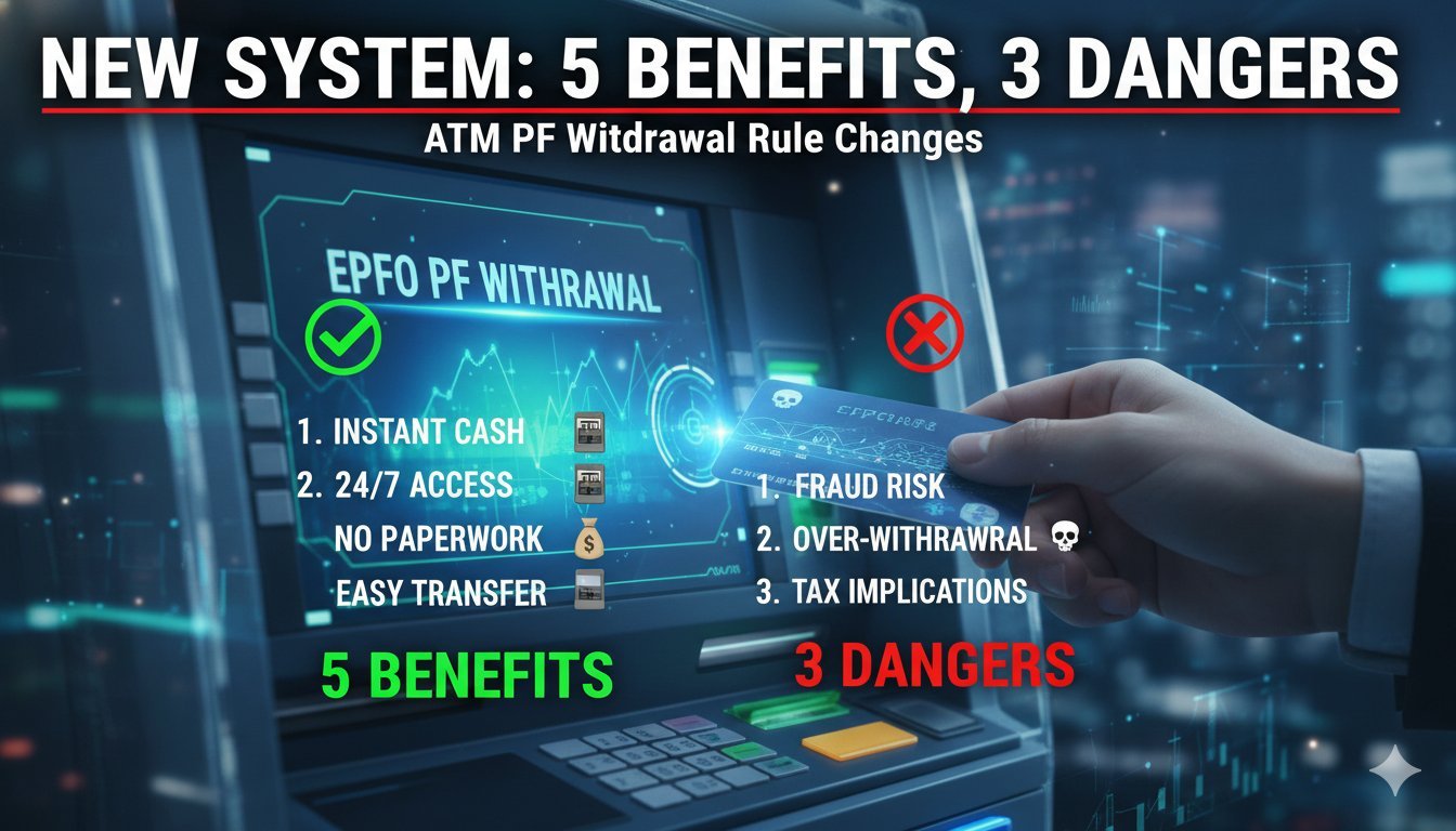 EPFO ATM कार्ड से PF निकासी का ग्राफिक, जिसमें ATM मशीन और PF अकाउंट दिखाई दे रहा है