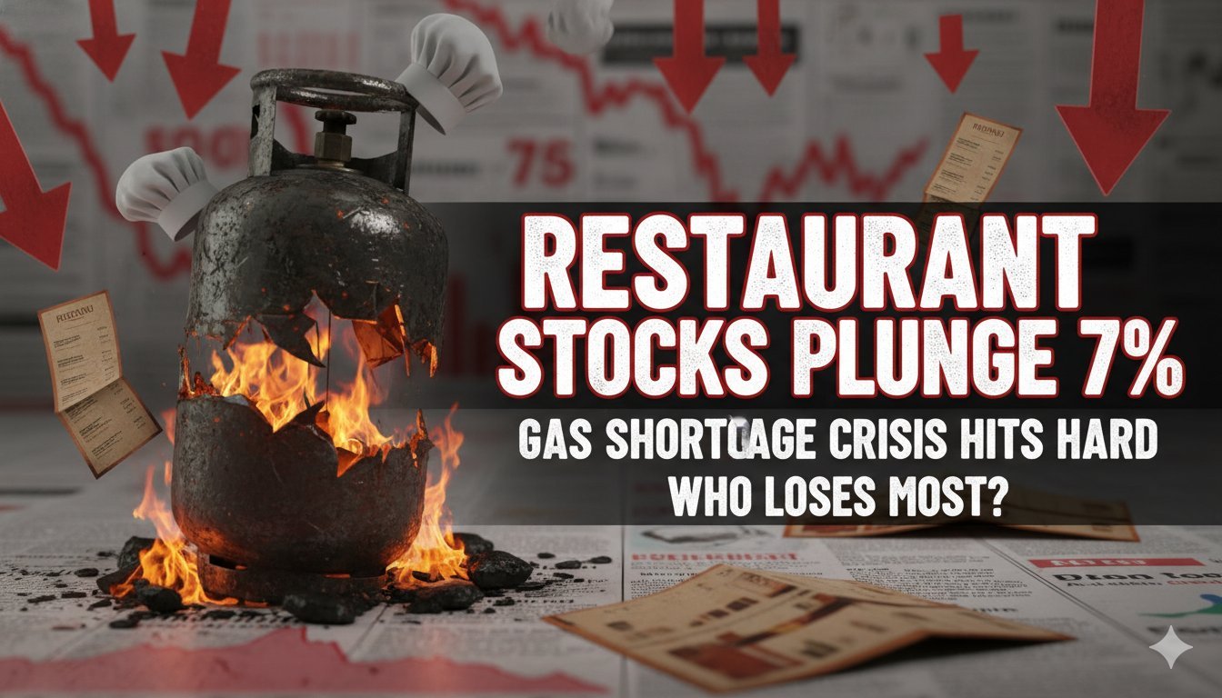 रेस्टोरेंट स्टॉक्स में गिरावट दिखाते ग्राफ के साथ एलपीजी सिलेंडर की कमी का प्रभाव दर्शाता चित्र