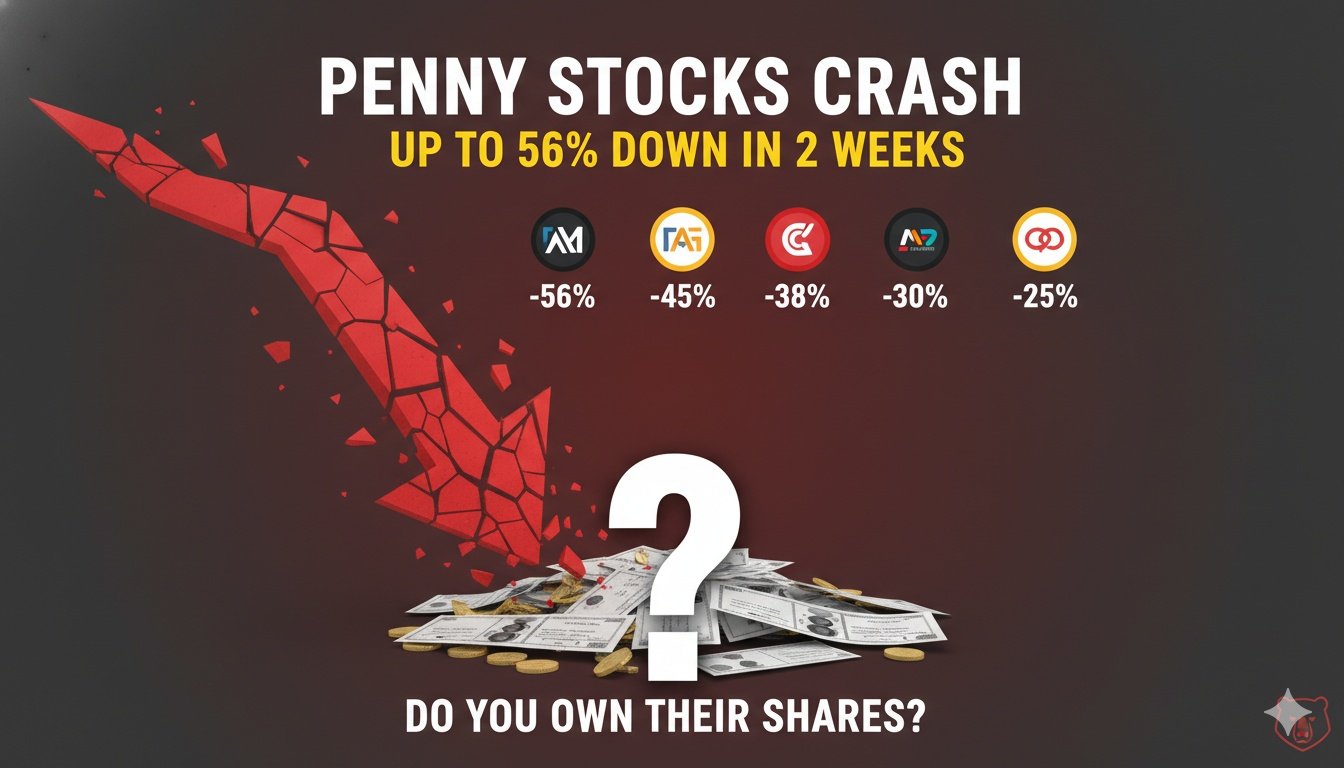 पेनी स्टॉक्स में भारी गिरावट दिखाते हुए स्टॉक मार्केट चार्ट, लाल तीरों के साथ 56% तक क्रैश