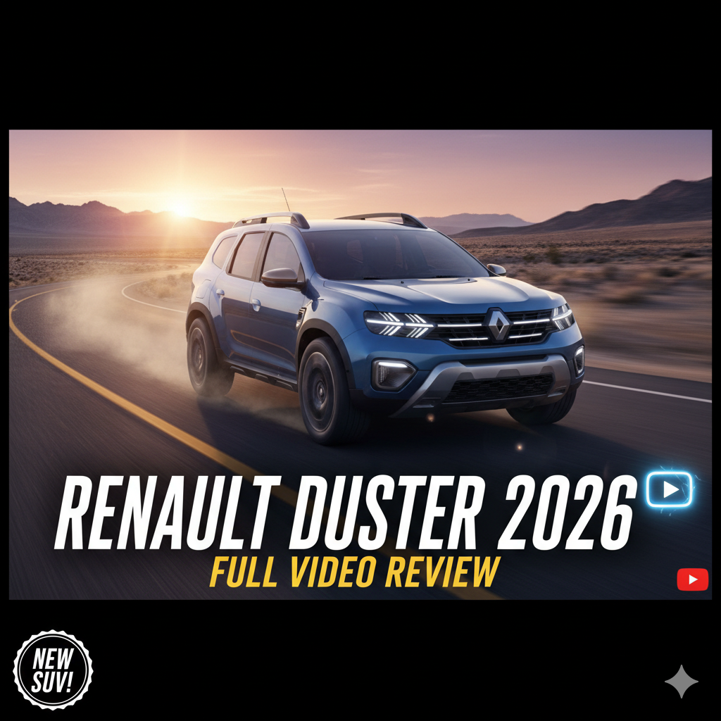 नई रेनॉल्ट डस्टर 2026 SUV का फ्रंट व्यू, बोल्ड ग्रिल और LED हेडलाइट्स के साथ